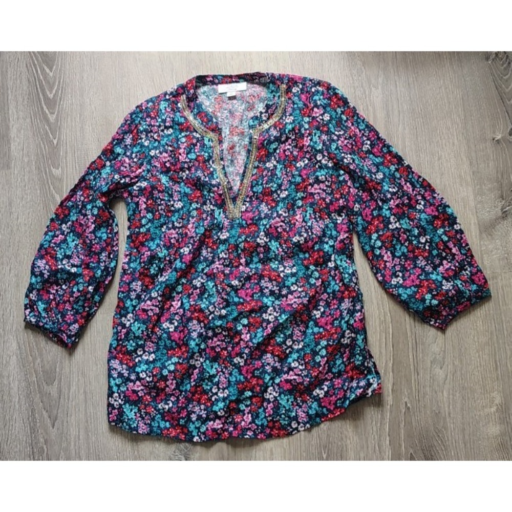 Charter Club Luxury 100% Linen Women's Floral Printed Rhinestone V-Neck Size XS